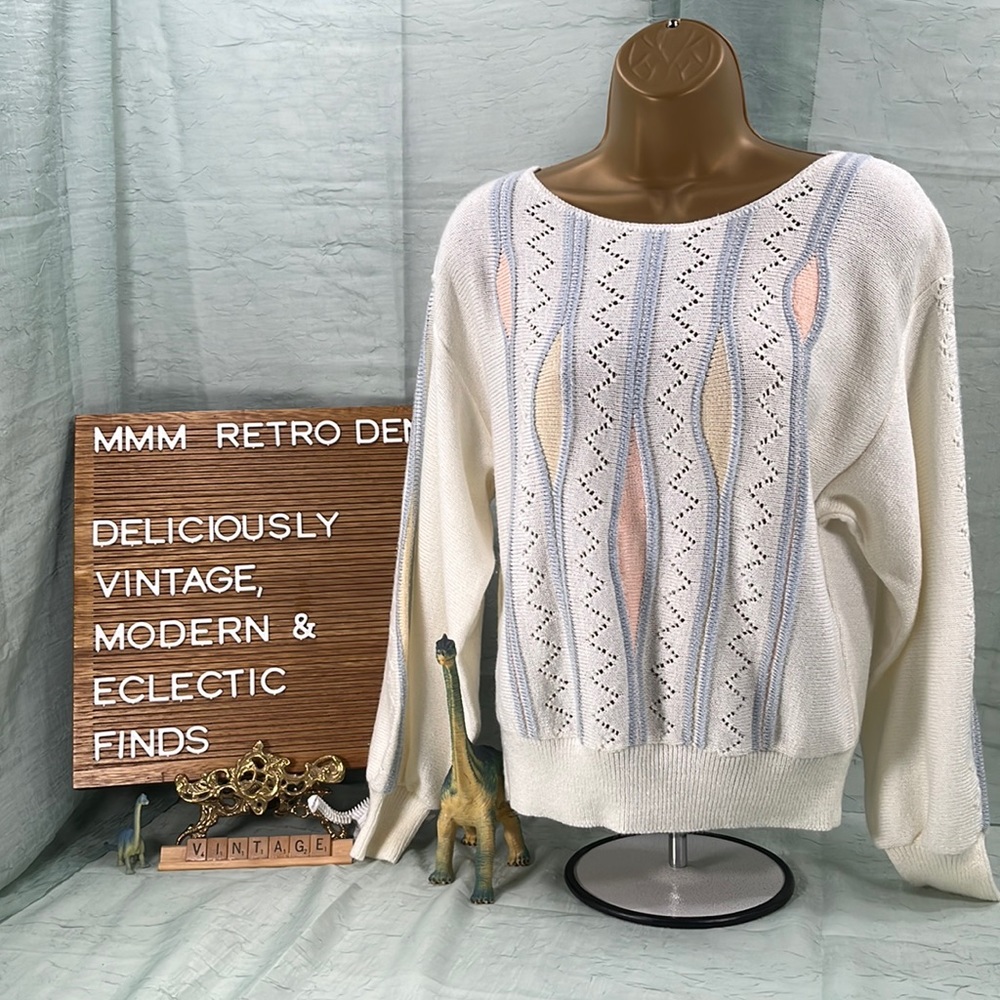 Savion By Ignacy Feuer White Knit Long Sleeve Vintage Women’s Sweater | M